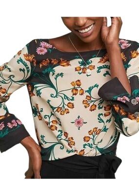 Anthropologie Floral Long-Sleeve Top in Cream, Black, Mustard and Teal